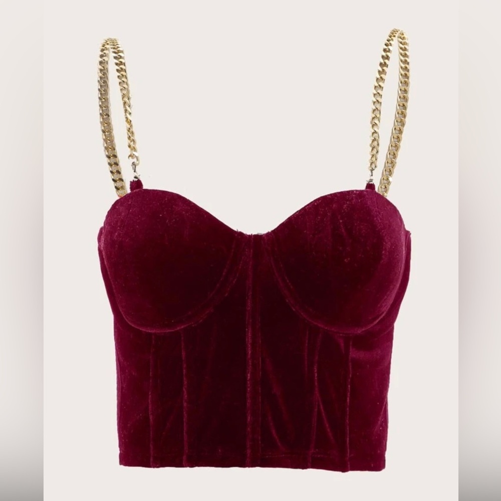 SHEIN Burgundy Velvet Bustier Crop Top with Gold Chain Straps